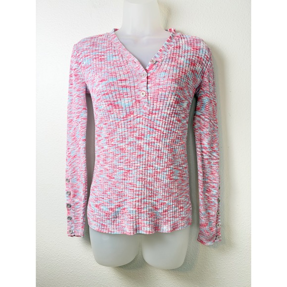 Sundance Tops - Sundance Pink Blue Space Dye Ribbed Henley Top Long Sleeve Button Cuff Small